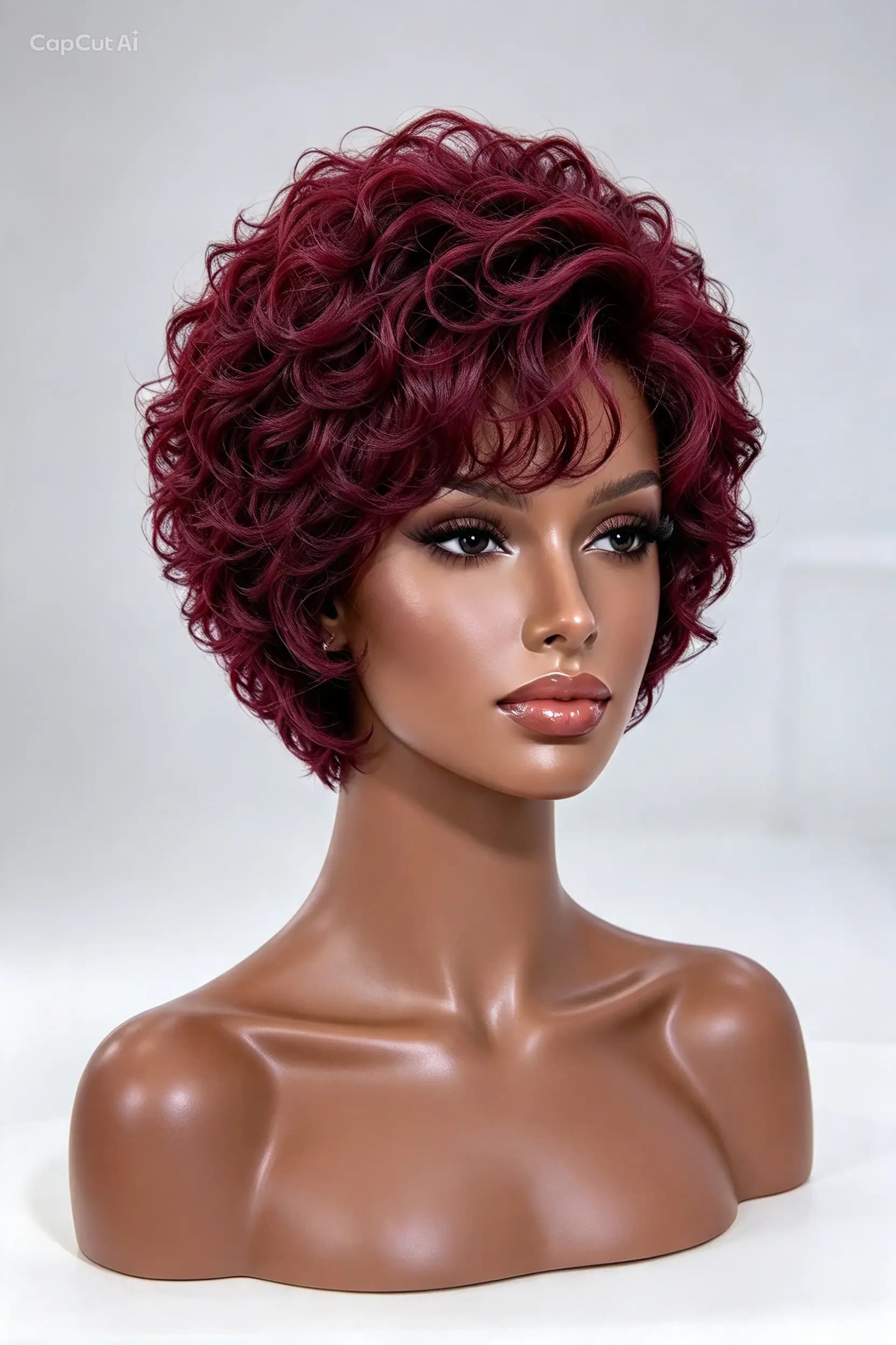 Short, water-curl pixie wig in a maroon/deep burgundy/wine red shade (often referred to as color 99J)